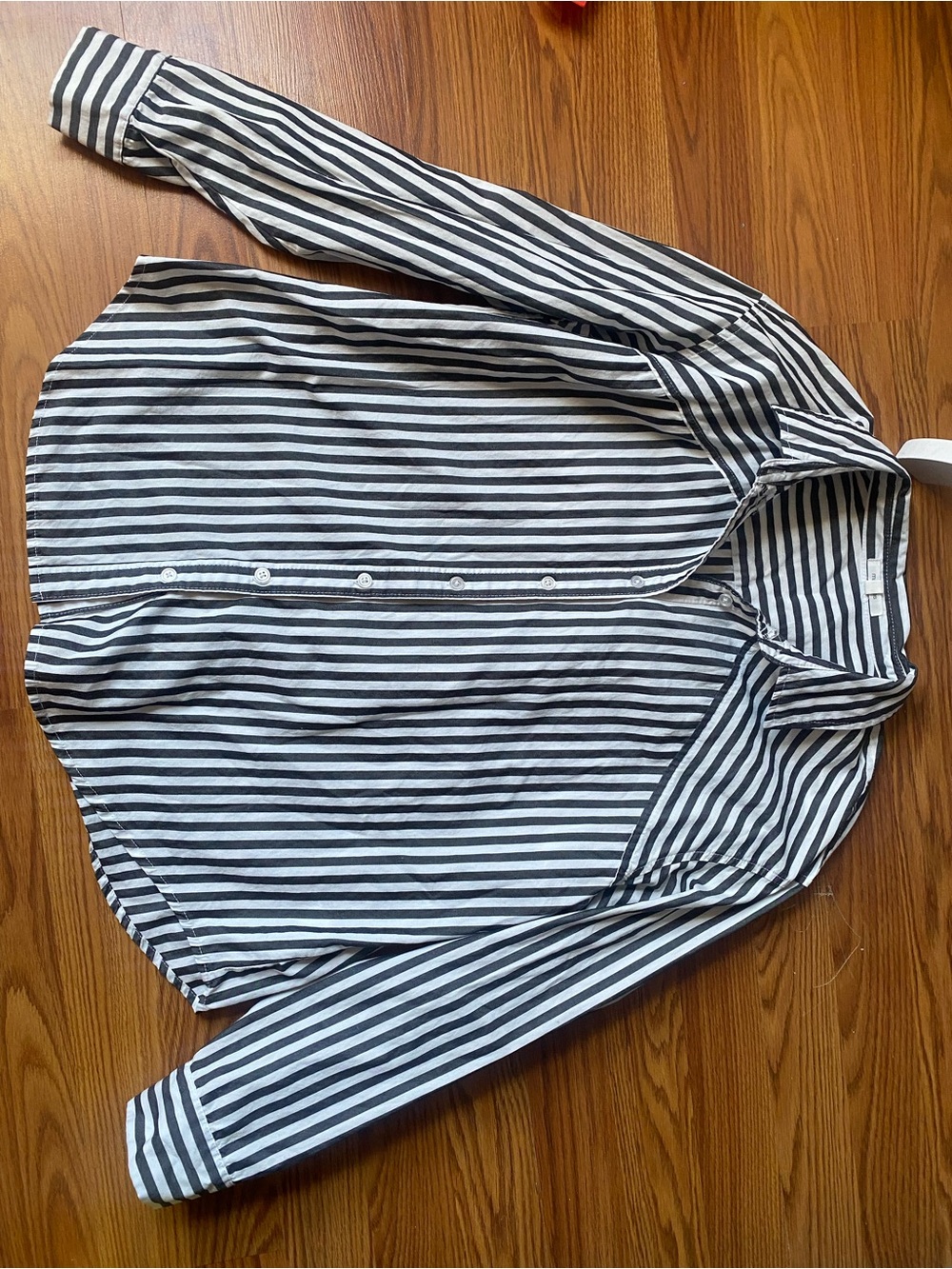 100% Cotton Maurices Grey and White Striped Button-Down Long Sleeve